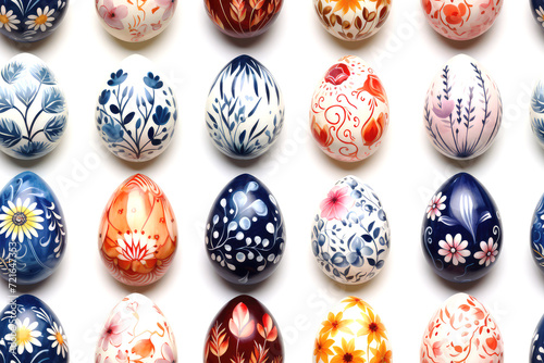 Easter eggs on top of the white table, painted in watercolor style, with different designs and patterns