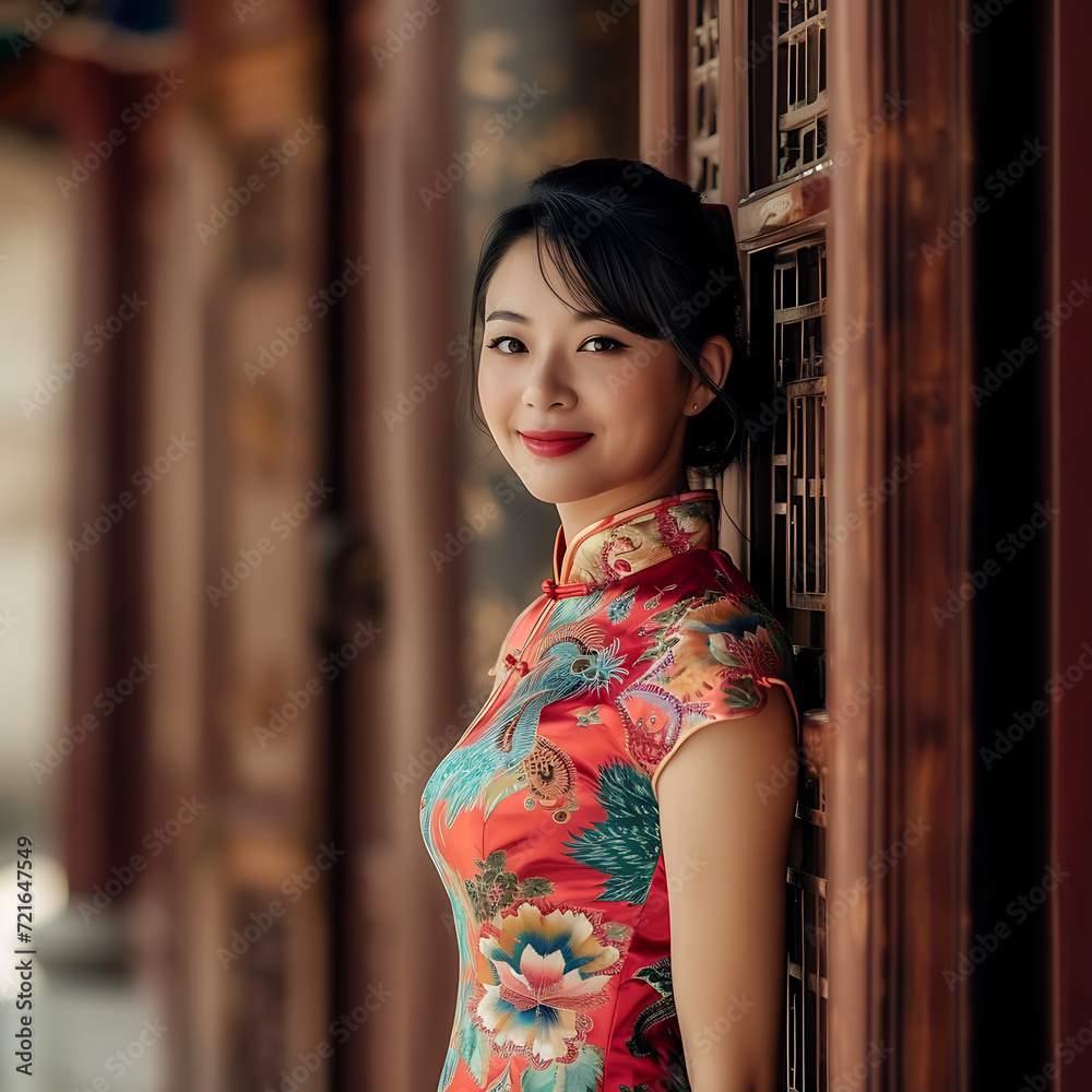 A beautiful Chinese woman in a brightly coloured red qipao, traditional dress A beautiful Chinese woman in a brightly coloured red qipao, traditional dress