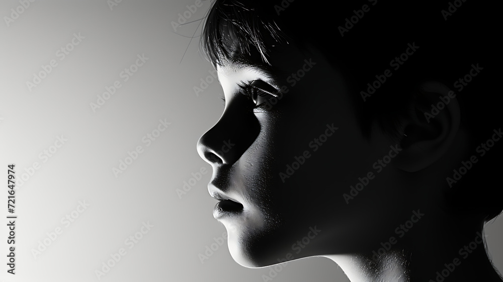 black and white side-profile portrait photography of a young boy, high contrast black and white side-profile portrait photography of a young boy, high contrast