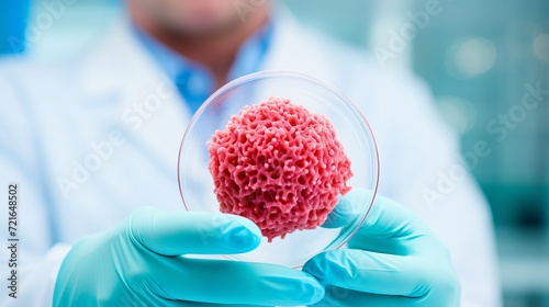 Lab-grown meat cultivated with stem cells in petri dish, the future of artificially protein food, banner photo