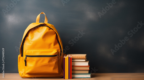 Back to school, education concept with books, textbooks, backpack and stationery supplies on classroom desk with teacher's chalkboard background with educational doodle for new academic year begin 
