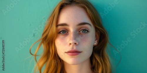 Young woman with freckles and green eyes against a turquoise background, her gaze captivating photo