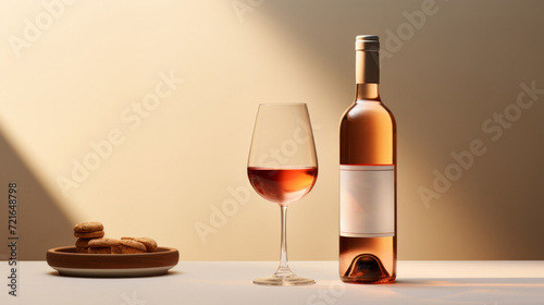 Still life an elegant bottle of rose wine and a wine glass next to it