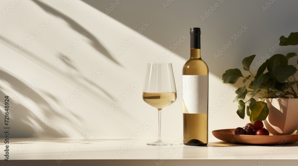 Still life an elegant bottle of white wine and a wine glass next to it Still life an elegant bottle of white wine and a wine glass next to it