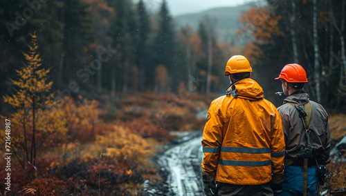 A rugged blue-collar worker donning a bright yellow jacket and hard hat stands tall in the tranquil forest, ready to conquer any challenge the great outdoors has in store