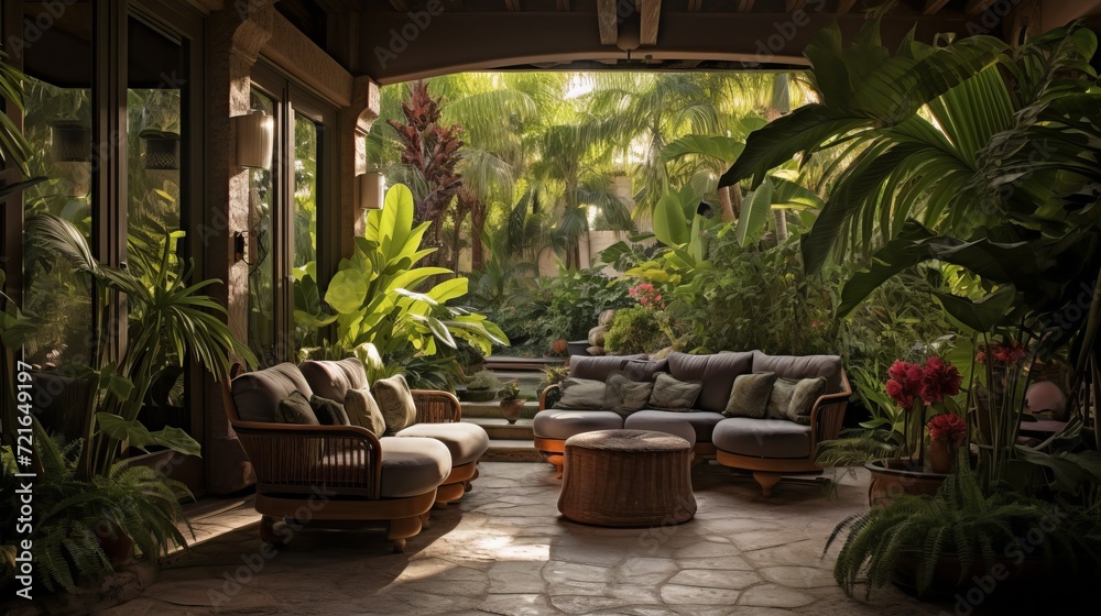 Scenes of a tropical garden oasis with exotic plants, palm trees, and lush greenery, creating a getaway vibe
