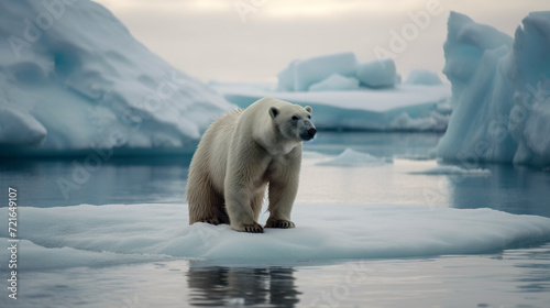 A solitary polar bear standing on a thinning ice floe amidst melting glaciers, highlighting climate change impact - Generative AI photo