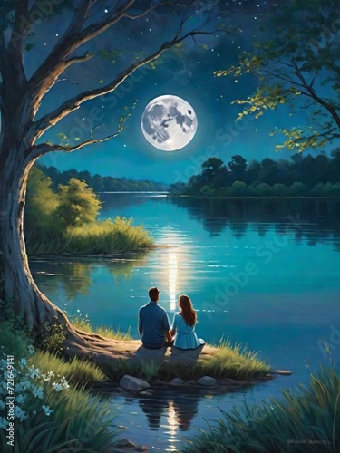 Couple sitting on the riverbank under the moon. Romantic night painting illustration
