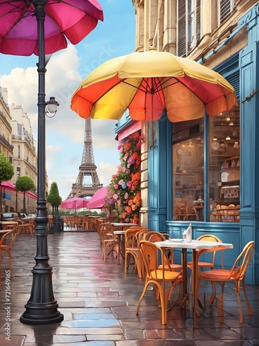 Street cafe in Paris with Eiffel Tower. Colorful 3D art of Paris, France.