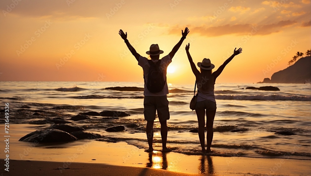 Silhouette of happy couple travelers raising arms up enjoying life and looking the ocean at sunset