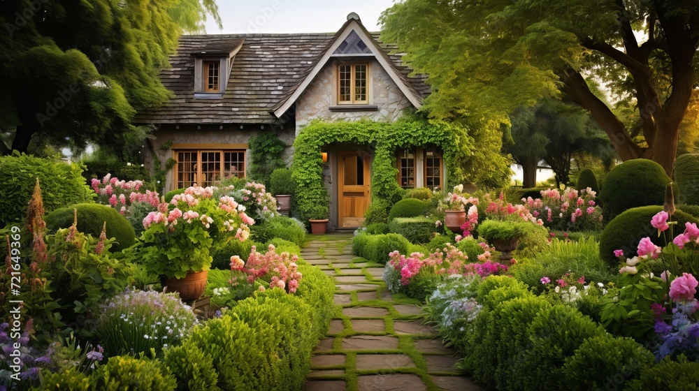 Scenes of an English cottage garden with vibrant flowers, manicured hedges, and a charming rustic vibe