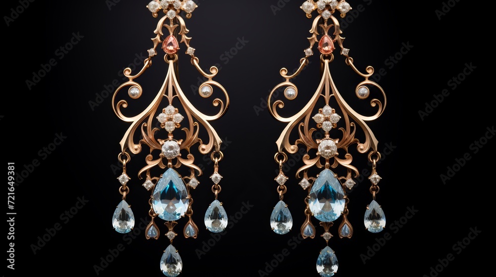 Scenes of chandelier earrings, capturing their elegant design and the way they catch and reflect light
Scenes of chandelier earrings, capturing their elegant design and the way they catch and reflect light