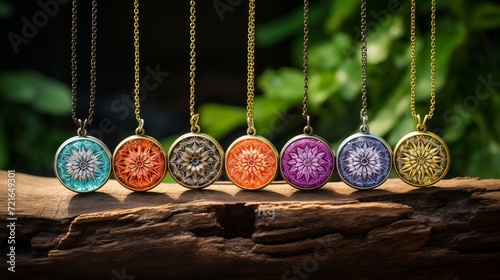 
Scenes of a mandala medallion pendant necklace, capturing the intricate and symbolic nature of boho jewelry. photo