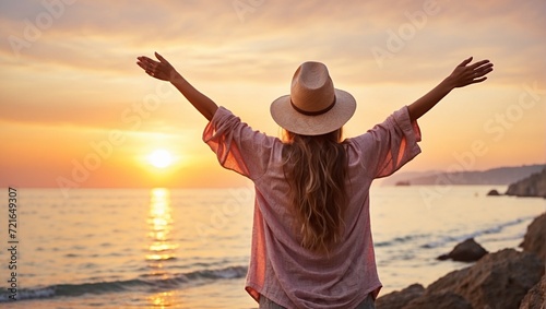 Happy woman traveler raising arms up enjoying sunrise on the ocean coast