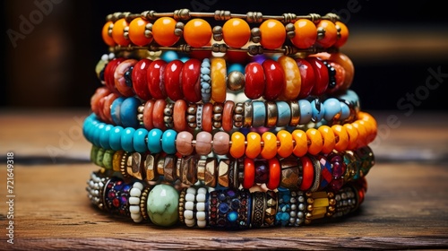  Scenes of a stack of bohemian beaded bracelets, capturing the eclectic and free-spirited vibe
