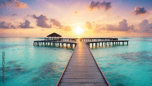Jetty in Maldives at sunrise. Tropical paradise island with wooden pier with bungalow