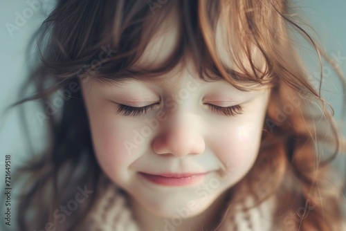 portrait of a dreaming child with closed eyes, The simplicity of childhood is captured in the natural light that bathes the girl's face, illuminating her gentle, joyful expression..
