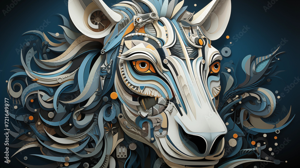 Fototapeta premium Abstract image of animal head with lion or horse mane in white and blue colors