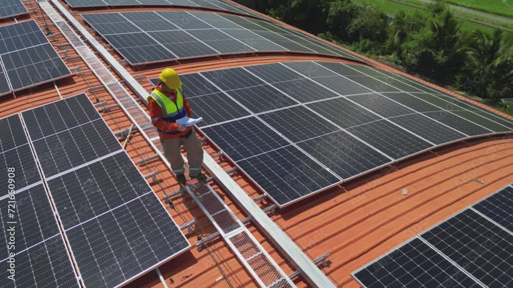 top view of engineer men inspects construction of solar cell panel or photovoltaic cell by electronic device. Industrial Renewable energy of green power. factory worker working on tower roof. top view of engineer men inspects construction of solar cell panel or photovoltaic cell by electronic device. Industrial Renewable energy of green power. factory worker working on tower roof.