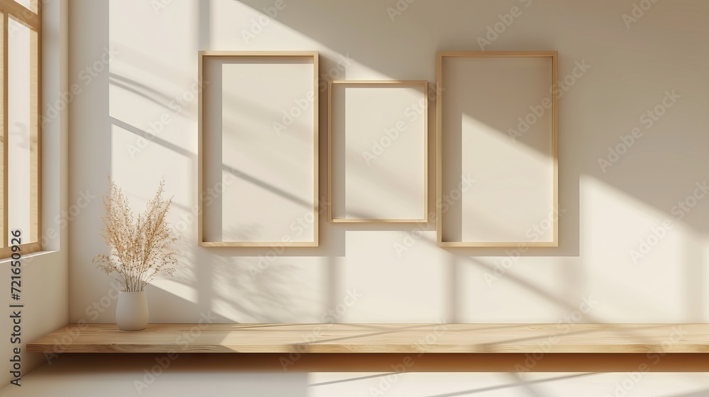 Fototapeta premium Minimalist Wooden Frame Mockups: Light and Shadow Play on Beige Sculpture with Modernist Grid Patterns - Natural Lighting Design