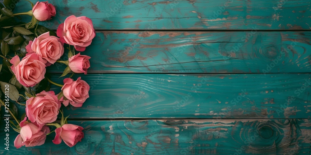 Delicate Pink Roses with Copy Space on Rustic Teal Wooden Background - Floral Stock Image