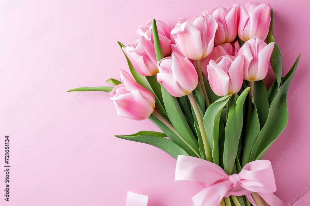 Pink Tulip Bouquet with Elegant Bow on Pastel Pink Backdrop - Contemporary White and Pink Floral Arrangement Pink Tulip Bouquet with Elegant Bow on Pastel Pink Backdrop - Contemporary White and Pink Floral Arrangement