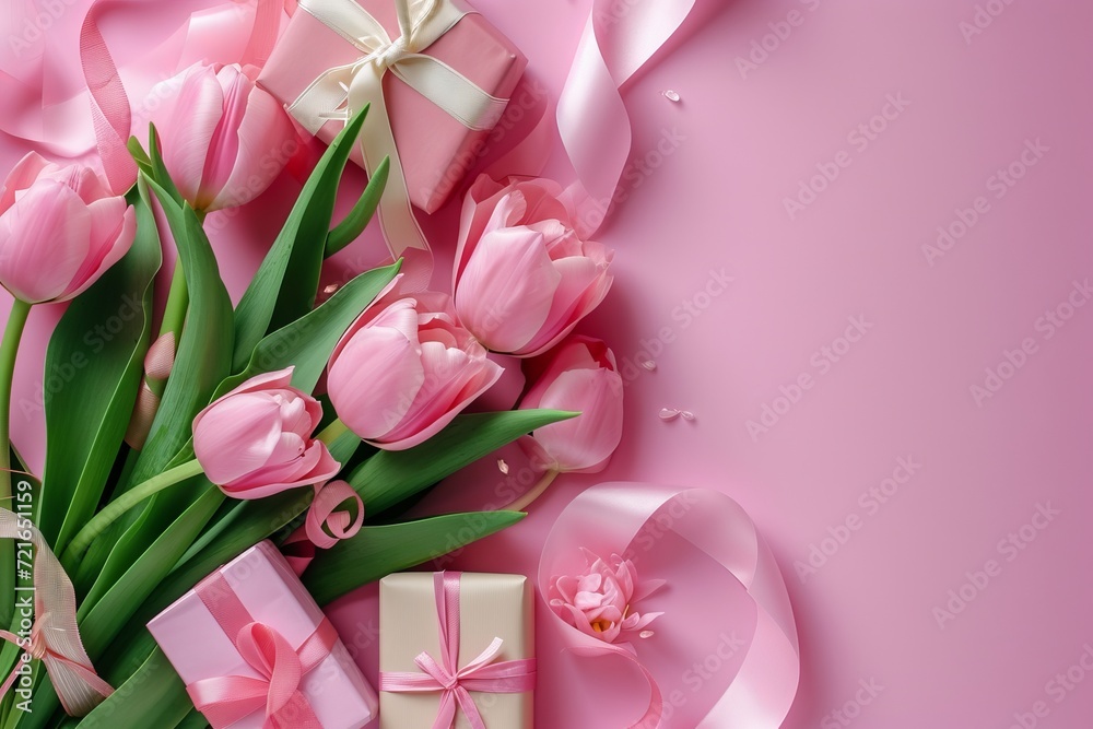 Chic Pink Tulip Arrangement with Elegant Ribbons and Gifts on a Pastel Background Chic Pink Tulip Arrangement with Elegant Ribbons and Gifts on a Pastel Background