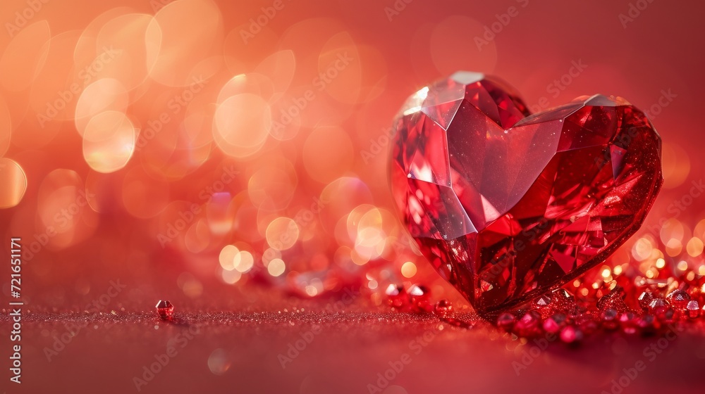 Lustrous Heart-Shaped Ruby Gem with Ray Tracing Style Bokeh on Vibrant Red Background Lustrous Heart-Shaped Ruby Gem with Ray Tracing Style Bokeh on Vibrant Red Background