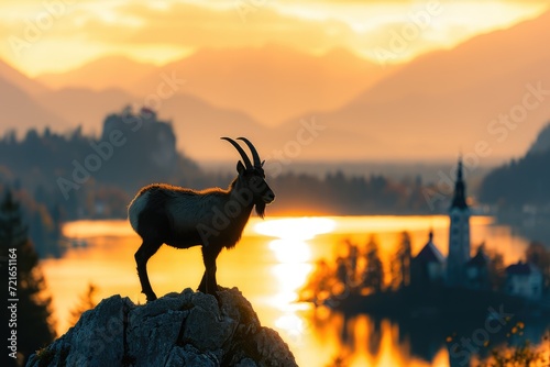 Slovenian Wildest Icon: Against the Picturesque Backdrop of Lake Bled in Slovenia, a Majestic Alpine Ibex Stands Gracefully, Its Silhouette Framed by the Beauty of Bled Island and the Julian Alps 