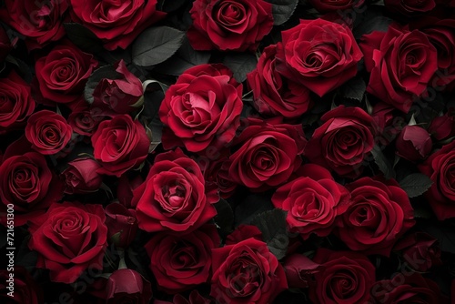 Vivid Red Roses Pattern: Textured Layers on Black Backdrop