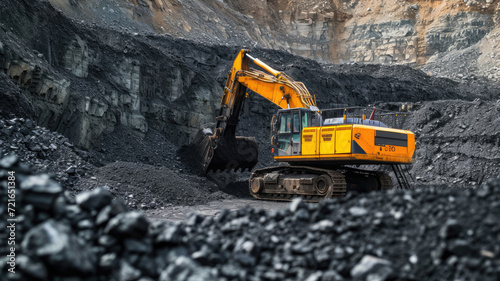 Coal mining pit. An excavator loads coal onto a truck
