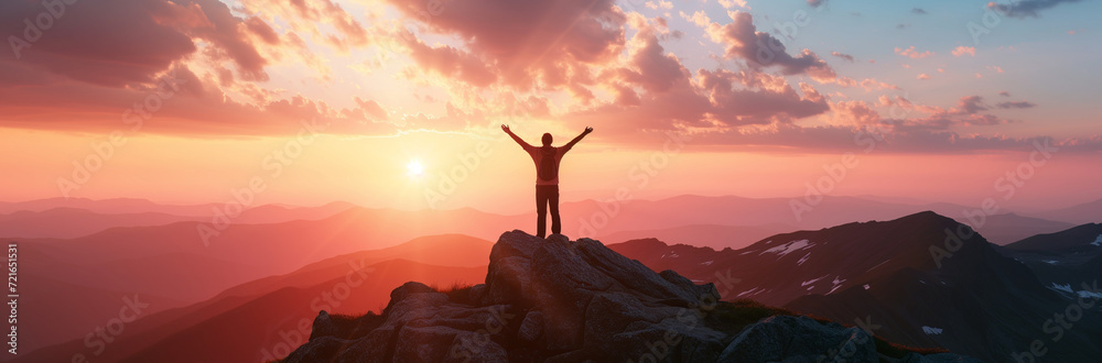 Small silhouette of hiker standing with raised arms on rocky mountain top at sunset