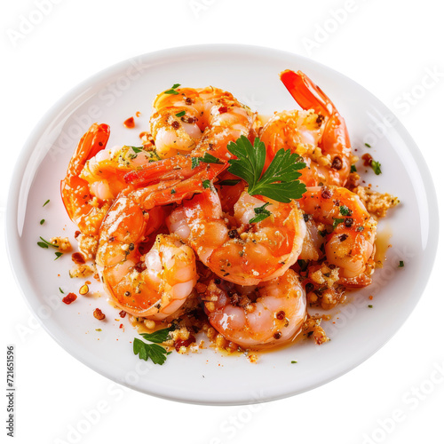 Fried shrimps or prawns with garlic on white plate - Transparent background