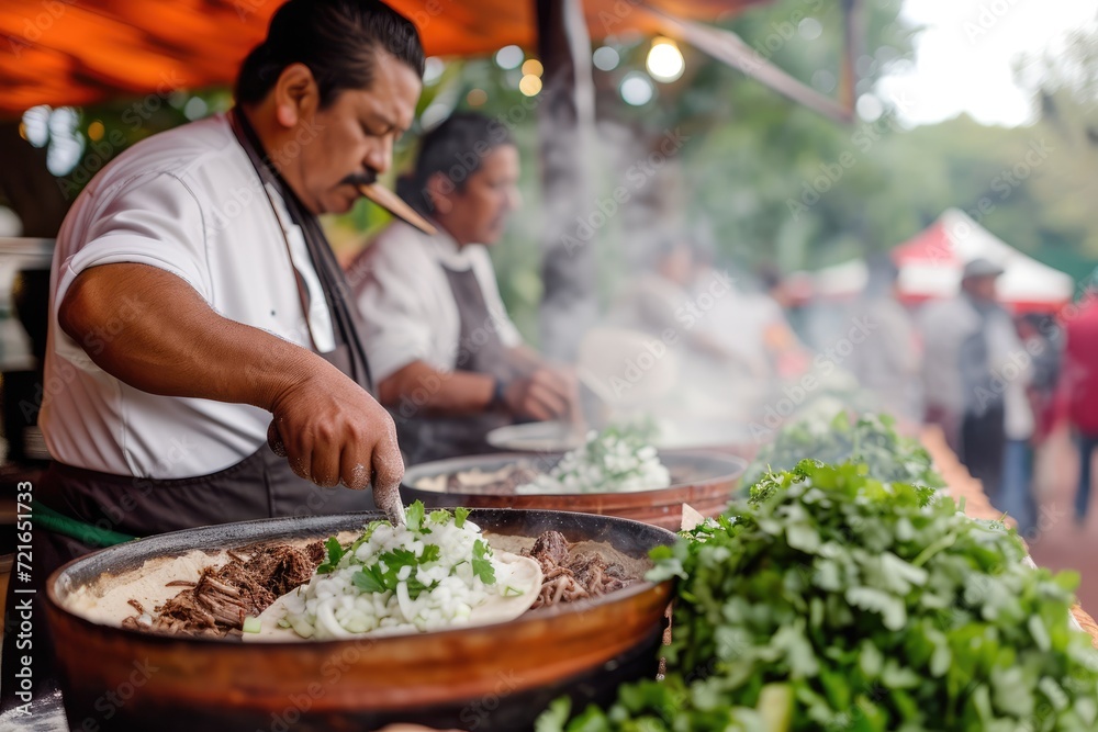 Obraz premium San Miguel Culinary Fiesta: Immerse Yourself in the Festive Atmosphere as Talented Chefs Hand-press Masa Dough, Fill Tacos with Slow-cooked Carnitas, Onions, and Cilantro in San Miguel de Allende.