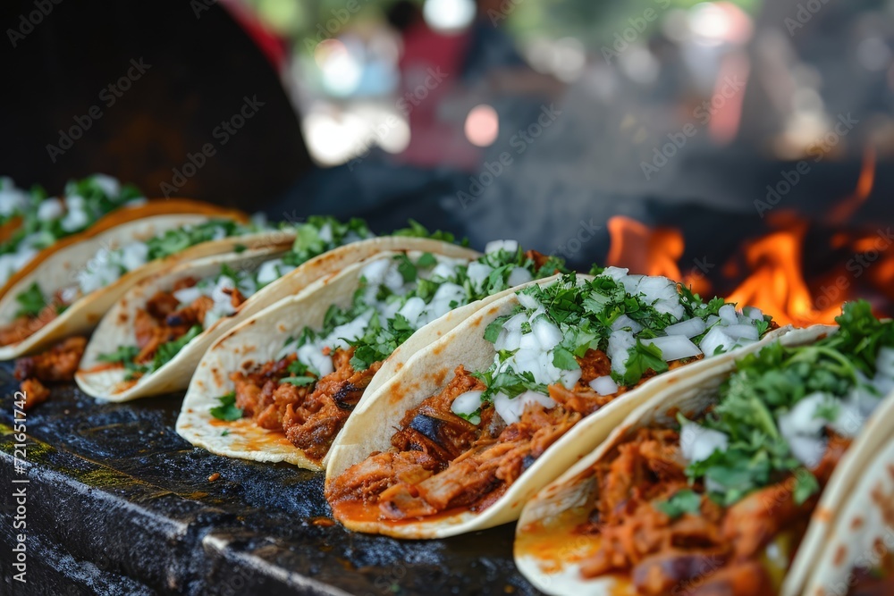 Fototapeta premium San Miguel Culinary Fiesta: Immerse Yourself in the Festive Atmosphere as Talented Chefs Hand-press Masa Dough, Fill Tacos with Slow-cooked Carnitas, Onions, and Cilantro in San Miguel de Allende.