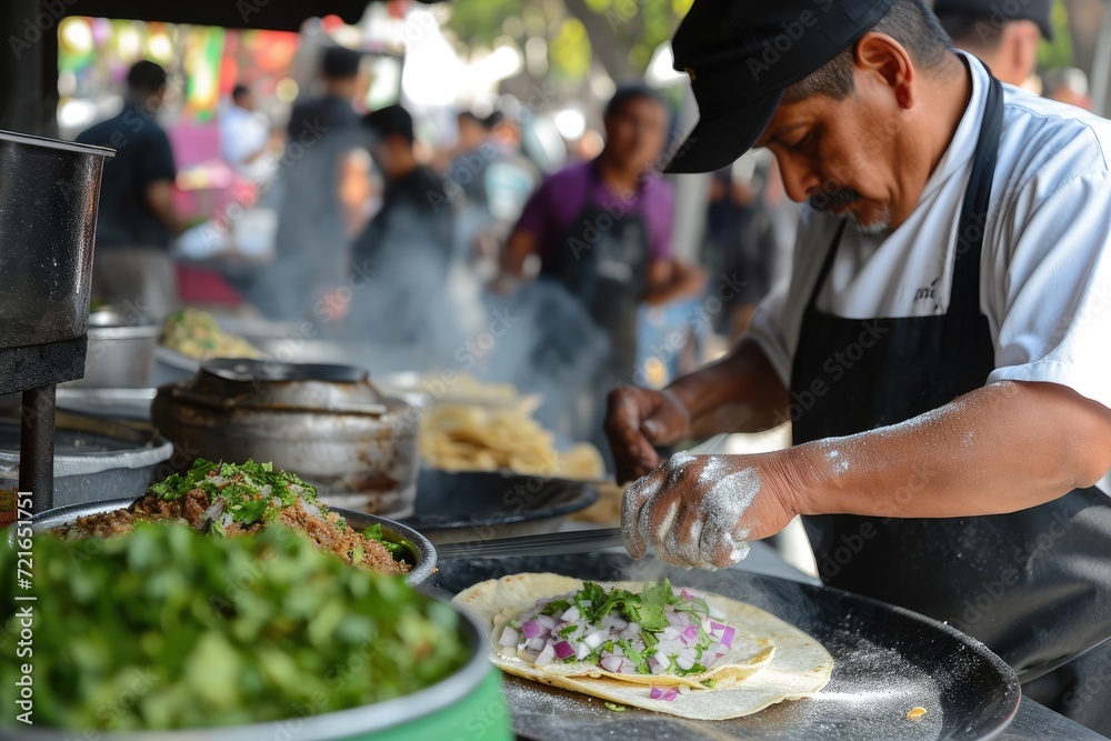Obraz premium San Miguel Culinary Fiesta: Immerse Yourself in the Festive Atmosphere as Talented Chefs Hand-press Masa Dough, Fill Tacos with Slow-cooked Carnitas, Onions, and Cilantro in San Miguel de Allende.