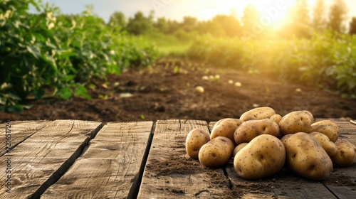 Farm Fresh: Freshly Harvested Potatoes Resting on a Wooden Table, Reflecting the Bounty of the Potato Plantation in the Background. photo