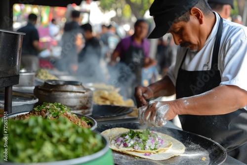 Fototapeta Naklejka Na Ścianę i Meble -  San Miguel Culinary Fiesta: Immerse Yourself in the Festive Atmosphere as Talented Chefs Hand-press Masa Dough, Fill Tacos with Slow-cooked Carnitas, Onions, and Cilantro in San Miguel de Allende.

