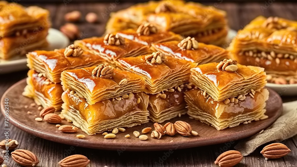 A plate of baklava, a traditional Middle Eastern pastry, is surrounded by scattered nuts.