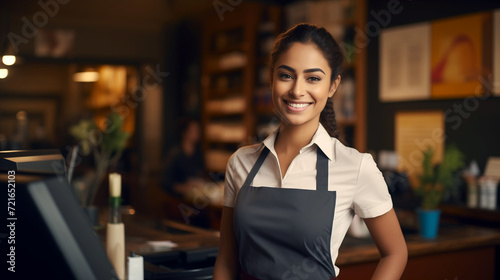 Head shot portrait successful mixed race businesswoman happy restaurant or cafeteria owner looking at camera, woman wearing apron smiling welcoming guests having prosperous catering business concept photo