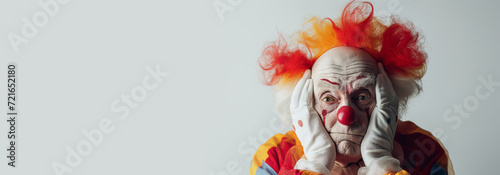 depression and anxiety  a photo of a sad old clown putting his hands on his face  feeling stressed and depressed