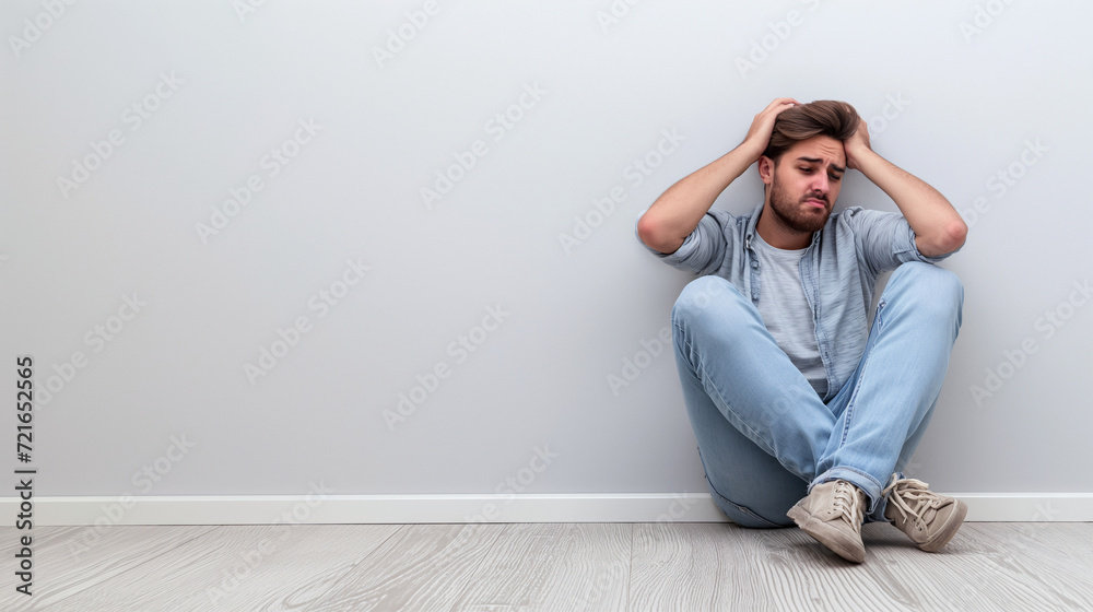 A handsome man headache and migraine sitting with back against wall on the floor,copy space,isolated on white wall background