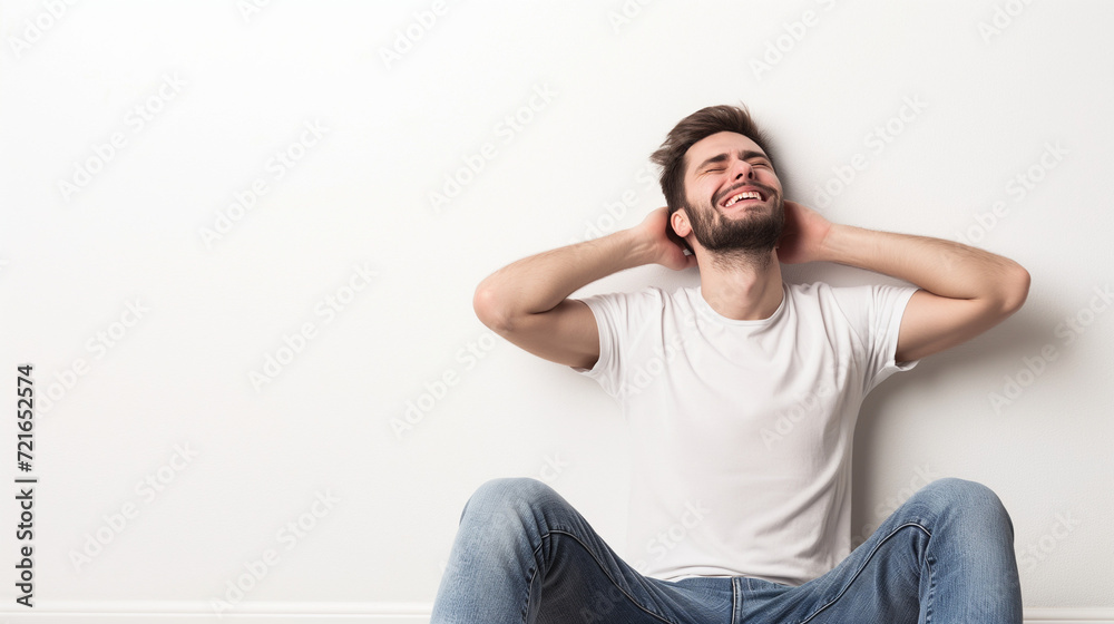 A handsome man headache and migraine sitting with back against wall on the floor,copy space,isolated on white wall background