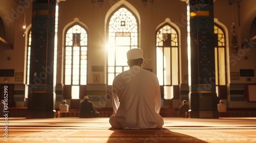 a man is seen in the background praying in a mosque