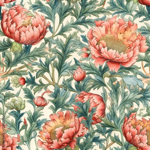 classic drawing illustration style peonies branches in seamless pattern