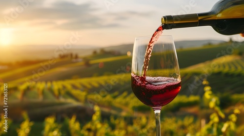 glass of red wine being poured against a backdrop of rolling vineyards, celebrating the beauty of winemaking