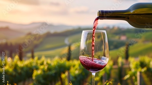 glass of red wine being poured against a backdrop of rolling vineyards, celebrating the beauty of winemaking
