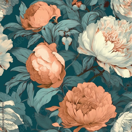  premium pattern with peonies and bud , classic color theme in digital painting style