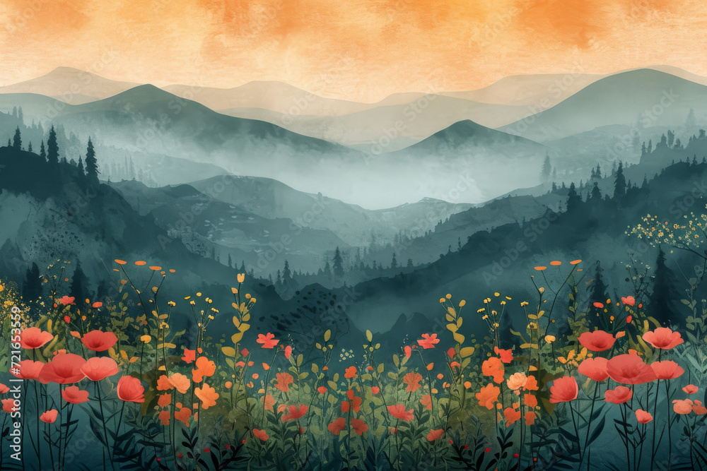 Field of wildflowers on a misty mountain, digital art
