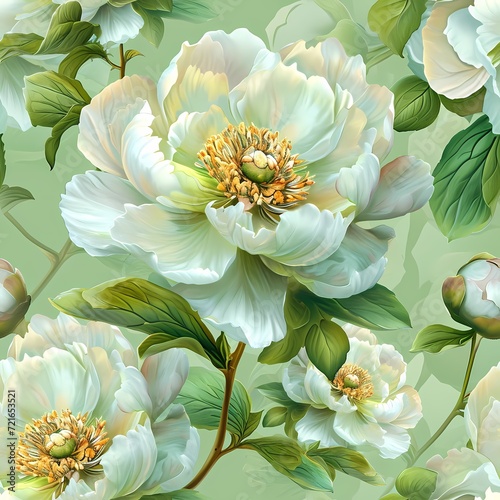 Fototapeta Naklejka Na Ścianę i Meble -   premium pattern with peonies flower , white and lime green color theme in digital painting style